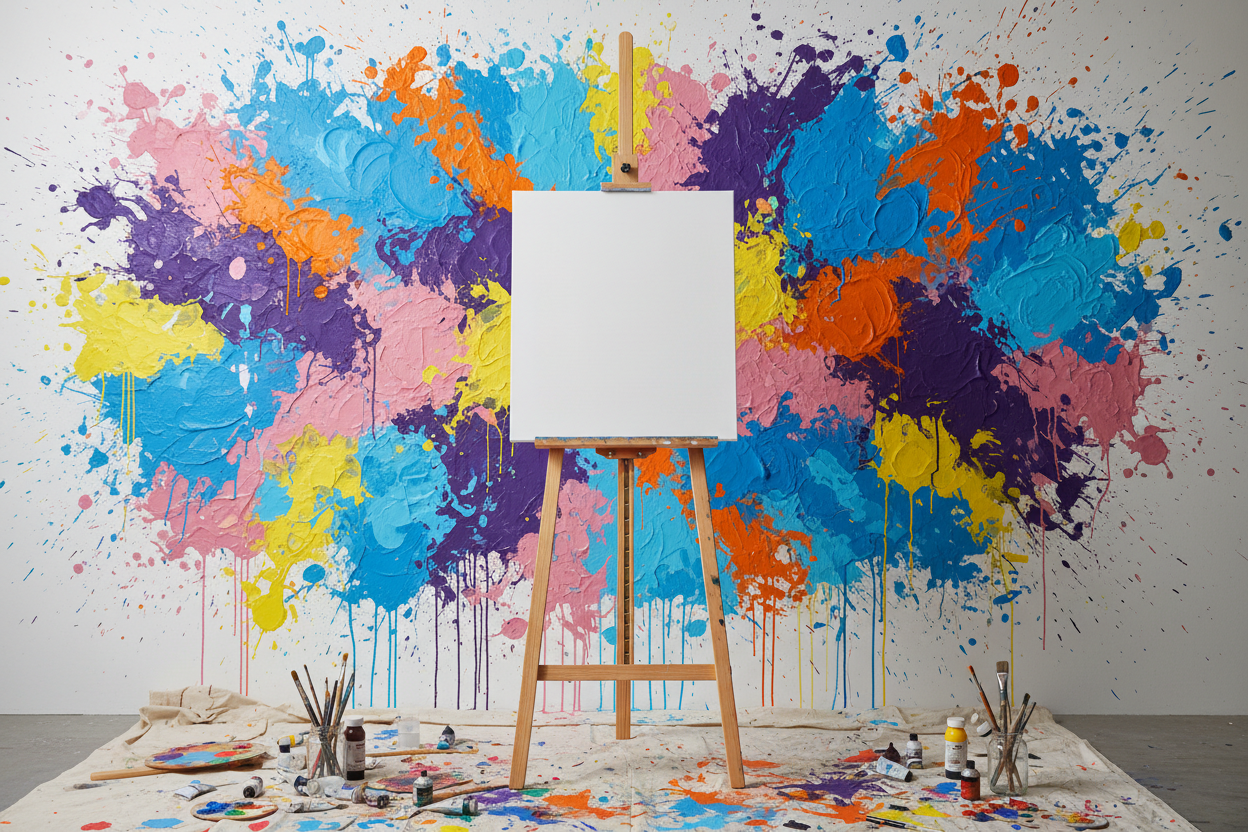 Canvas on an easel with a colourful background